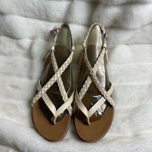 NWT blowfish beige faux leather strapy thong sandals back strap buckle  …